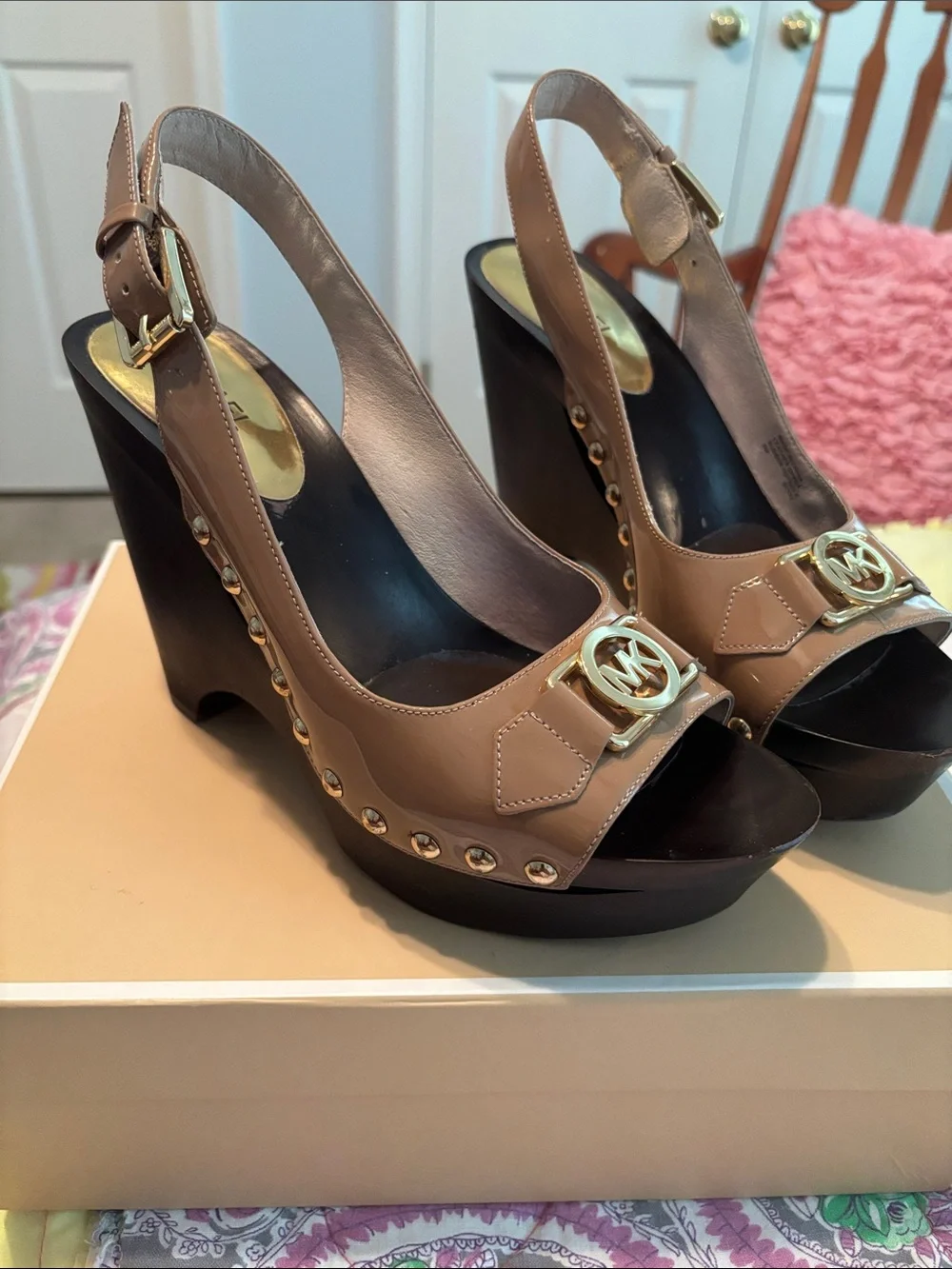 Michael Kors Tan Patent Leather Platform Slingback Sandals with Gold MK Hardware
